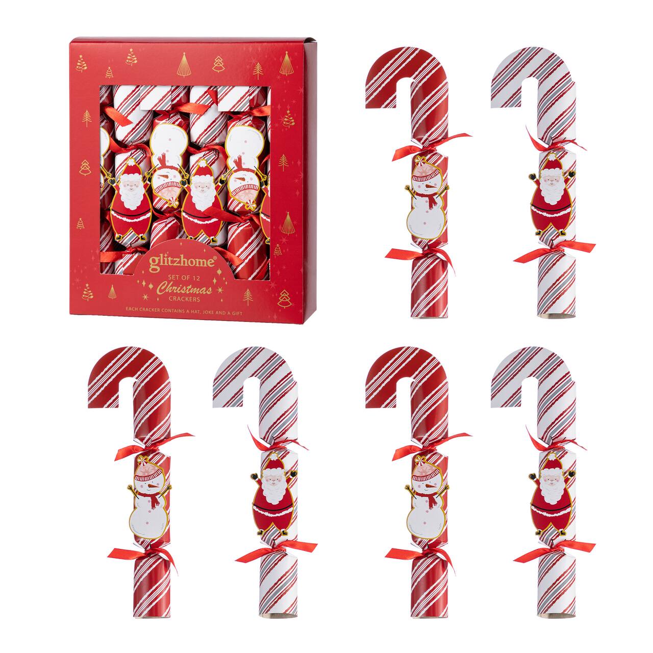 Glitzhome® 12PK 1.25"D x 10"H Candy Cane Christmas Party Crackers with Gift Contents